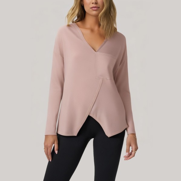 Pink V-neck women's long-sleeved base layer top