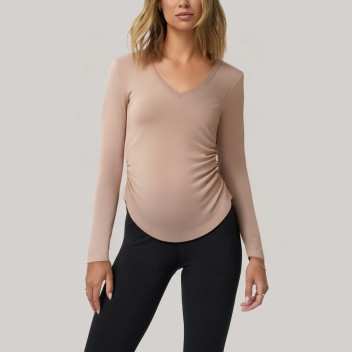 Pink V-neck pleated women's base layer top