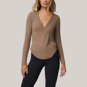 Brown V-neck women's long-sleeved base layer top