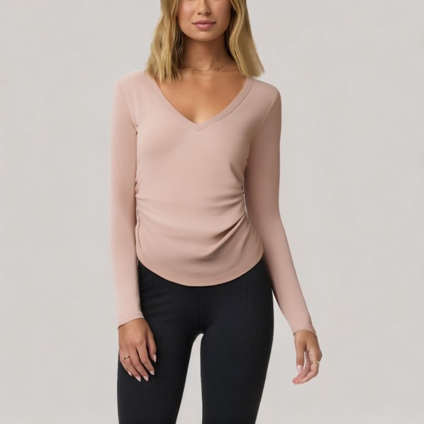 Pink V-neck pleated women's base layer top