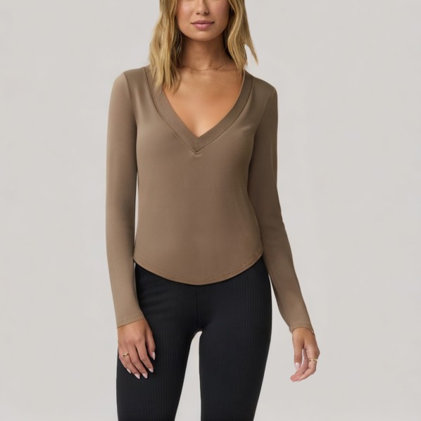 Brown V-neck women's long-sleeved base layer top
