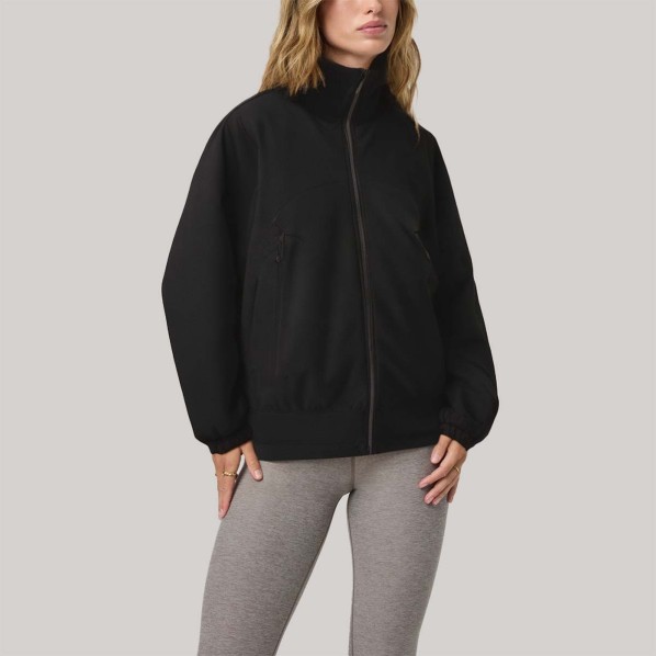 Black loose-fitting zip-up women's windbreaker