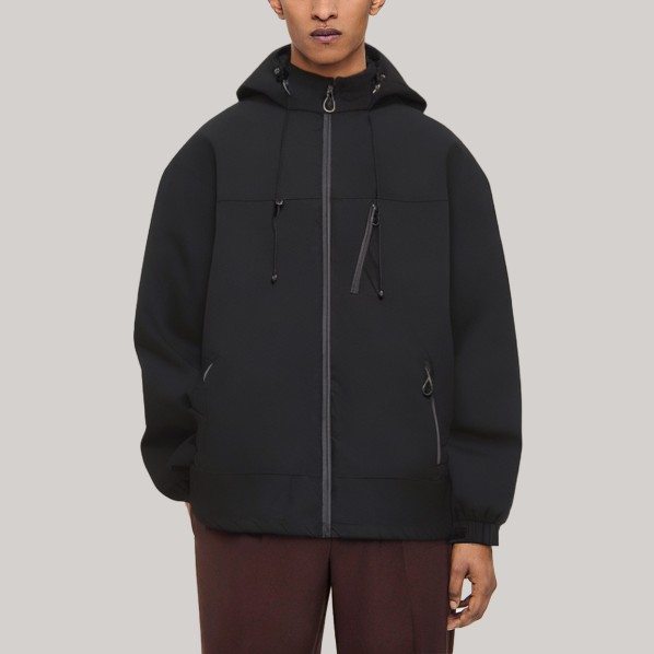Black outdoor hooded men's windbreaker