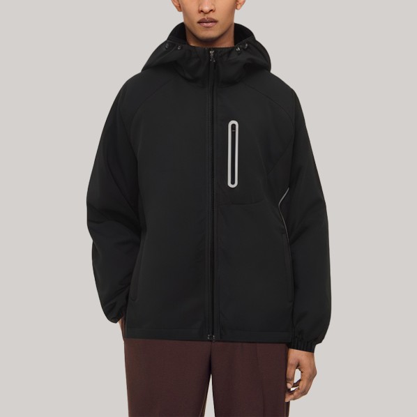Loose-fitting black hooded men's windbreaker