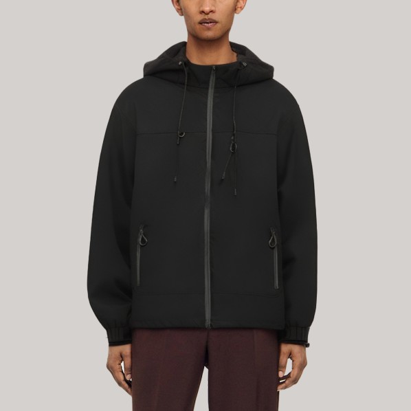 Black outdoor hooded men's windbreaker