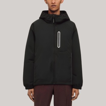 Loose-fitting black hooded men's windbreaker
