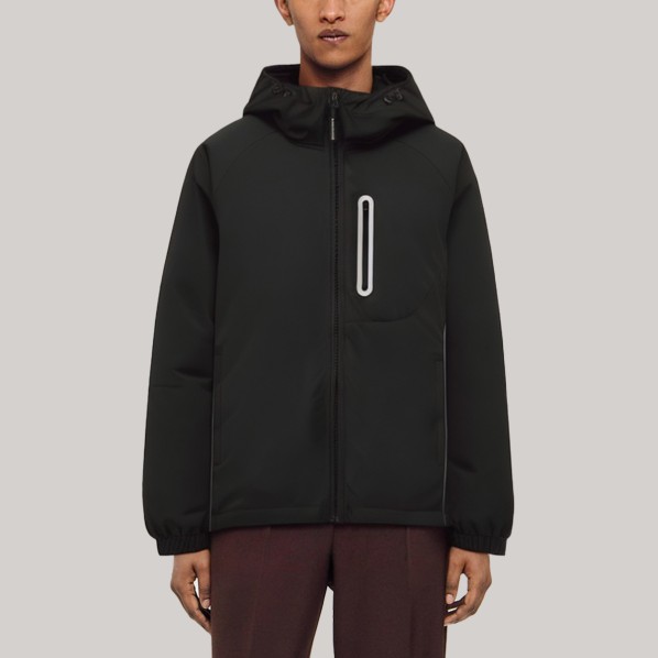 Loose-fitting black hooded men's windbreaker